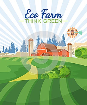 Eco farm. Agriculture vector illustration. Colorful countryside. Poster with vintage farm