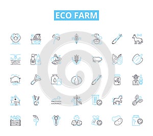 Eco farm linear icons set. Sustainability, Organic, Green, Permaculture, Biodiversity, Conservation, Regenerative line