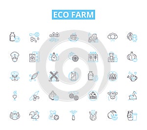 Eco farm linear icons set. Sustainability, Organic, Green, Permaculture, Biodiversity, Conservation, Regenerative line