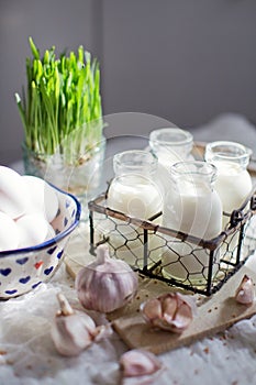 Eco farm products. Fresh eggs, milk and garlic