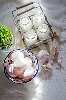 Eco farm products. Fresh eggs, milk and garlic