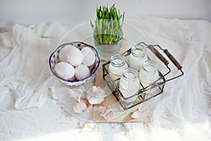 Eco farm products. Fresh eggs, milk and garlic