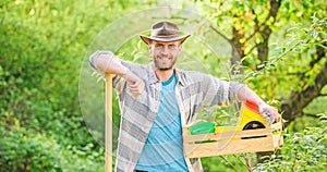 Eco farm worker. Harvest. sexy farmer hold shovel and box with pot. farming and agriculture. I love to work with plant