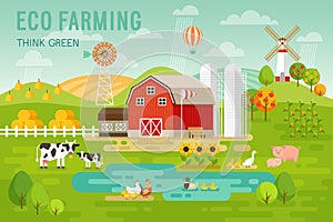 Eco Farming concept with house and farm animals.