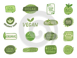 Eco fiendly, bio product. Organic certified label set. Nature vegetarian badge. Vegan healthy food logo. Farm fresh icon