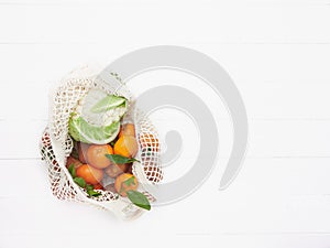 Eco fiendly reusable mesh bag filled with fruits and vegetables