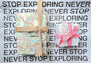 Eco firendly recycled packaging with gifts packed in used paper and newspapers to combat the planet pollution in the world