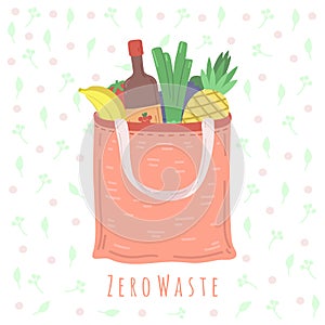 Eco food bag. Grocery shop package, zero waste shopping concept textile packaging. No plastic, vegan organic lifestyle