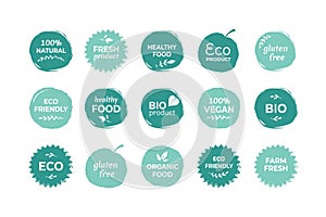 Eco food label. Fresh and healthy food quality stickers, vegan product and natural farming food badges. Vector organic photo