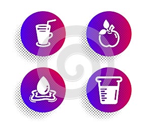 Eco food, Water splash and Cocktail icons set. Cooking beaker sign. Organic tested, Aqua drop, Fresh beverage. Vector
