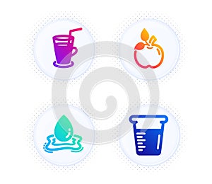 Eco food, Water splash and Cocktail icons set. Cooking beaker sign. Organic tested, Aqua drop, Fresh beverage. Vector