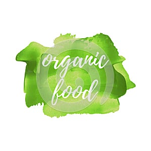 Eco Fresh Organic Green Food vector word, text, icon, symbol, poster, logo on hand drawn green paint background illustration