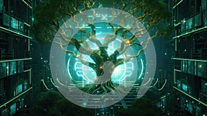 Eco-Friendly AI Tree in Futuristic City
