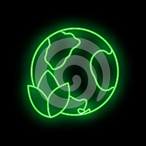 Eco friendly alternative energy source and waste recycling icon, concept green eco earth glow neon flat vector illustration,