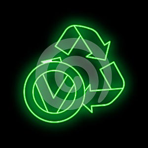 Eco friendly alternative energy source and waste recycling icon, concept green eco earth glow neon flat vector illustration,