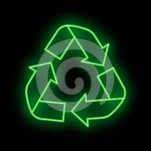 Eco friendly alternative energy source and waste recycling icon, concept green eco earth glow neon flat vector illustration,