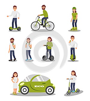 Eco friendly alternative transportation vehicle set, people riding modern electric car, scooter, bicycle, segway