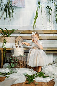 Eco Friendly Baby First Birthday Party with cake. 1st Birthday ideas with natural decoration. Sustainable eco-friendly