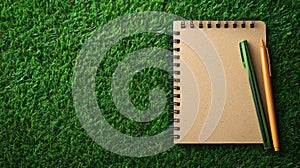 eco-friendly back-to-school idea a recycled paper notebook with biodegradable pens on a grassy backdrop photo