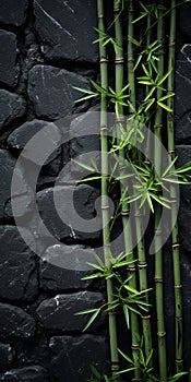 Eco-friendly Bamboo Branches On Dark Stone Wall - High Quality Photo photo