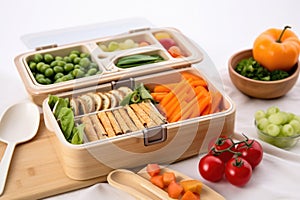 eco-friendly bamboo lunch box with partitioned food sections