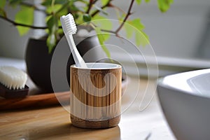 Eco-friendly Bamboo toothbrush holder banner. Generate ai