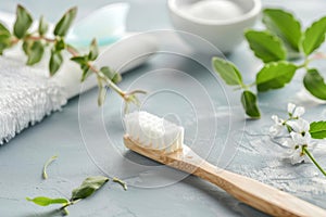 Eco friendly bamboo toothbrush and plants on background. Natural organic beauty product