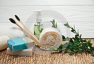Eco-friendly bamboo toothbrushes, natural handmade organic soap, luffa