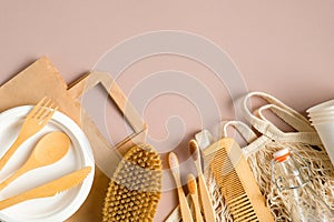 Eco-friendly bath and kitchen accessories on brown background. Zero waste, plastic free concept. Environment protection,