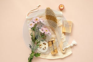 Eco-friendly beauty products, natural organic bathroom tools. No Plastic free life. Ecological skin care, body treatment