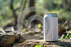 Eco-Friendly Beverage Can in Sunlit Forest Natural Setting