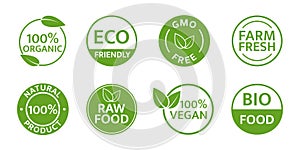 Eco friendly, bio logo set. Organic icon. Vegan ecology product stamp. Nature fresh food. Vegetarian plant badge