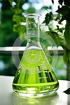 Eco-friendly biofuel contained in a laboratory flask, E-Fuel concept photo