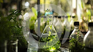 Eco-friendly biofuel contained in a laboratory flask, E-Fuel concept photo