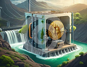 Eco-friendly bitcoin mining concept by waterfall