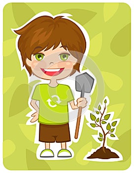 Eco-friendly boy plant a tree