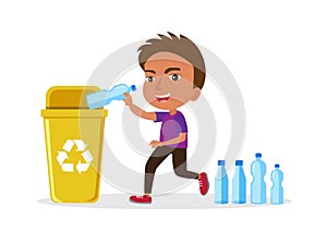 Eco-friendly boys throw plastic bottles in the recycling bin. Little boy throws plastic waste into the recycling bin cartoon