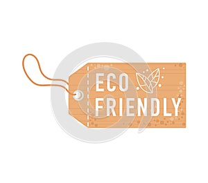 Eco friendly brown tag with leaf symbol. Recyclable label with string and typography. Environmental and sustainability
