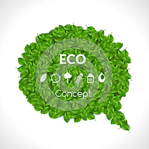 Eco Friendly Bubble for speech, Green leaves. Set of eco icons. Vector illustration.