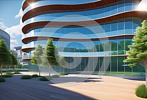 Eco friendly building in modern city, 3D rendering, sustainable glass office building to reduce CO2 emissions,