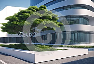 Eco friendly building in modern city, 3D rendering, sustainable glass office building to reduce CO2 emissions,