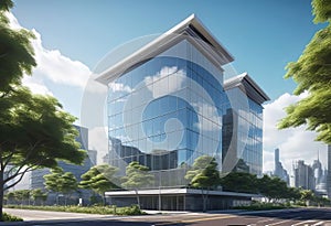 Eco friendly building in modern city, 3D rendering, sustainable glass office building to reduce CO2 emissions,