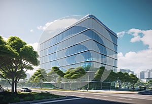 Eco friendly building in modern city, 3D rendering, sustainable glass office building to reduce CO2 emissions,