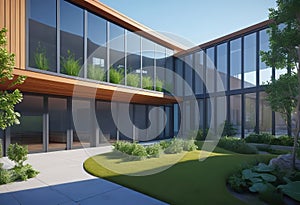 Eco friendly building in modern city, 3D rendering, sustainable glass office building to reduce CO2 emissions,