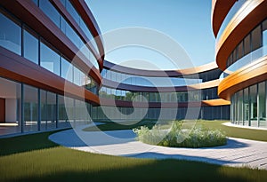 Eco friendly building in modern city, 3D rendering, sustainable glass office building to reduce CO2 emissions,