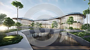 Eco friendly building in modern city, 3D rendering, sustainable glass office building to reduce CO2 emissions,