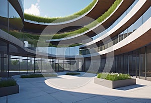 Eco friendly building in modern city, 3D rendering, sustainable glass office building to reduce CO2 emissions,