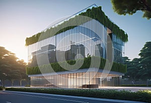 Eco friendly building in modern city, 3D rendering, sustainable glass office building to reduce CO2 emissions,