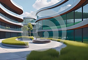 Eco friendly building in modern city, 3D rendering, sustainable glass office building to reduce CO2 emissions,