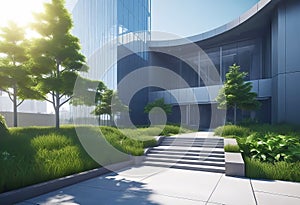 Eco friendly building in modern city, 3D rendering, sustainable glass office building to reduce CO2 emissions,